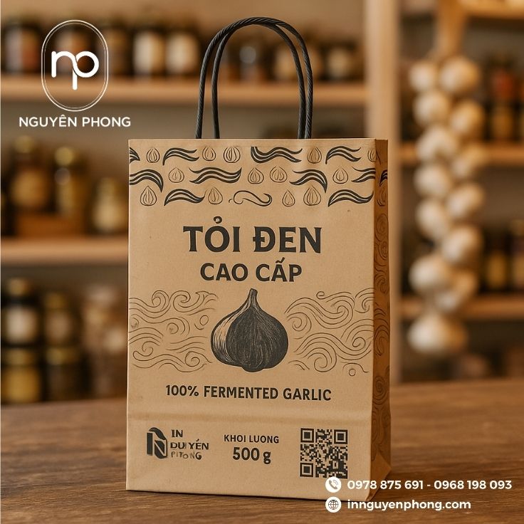 Mẫu túi giấy đựng tỏi đen tích hợp QR